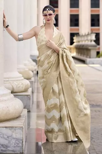 Off white & beige cotton linen silk golden weaving  office wear saree