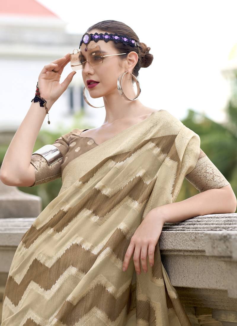 Off white & beige cotton linen silk golden weaving  office wear saree