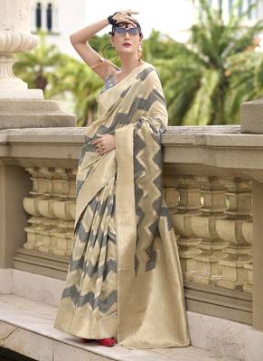 Gray & beige cotton linen silk golden weaving  office wear saree 1