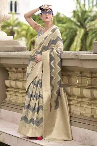 Gray & beige cotton linen silk golden weaving  office wear saree