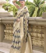 Gray & beige cotton linen silk golden weaving  office wear saree