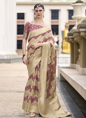 Onion pink & beige cotton linen silk golden weaving  office wear saree 1