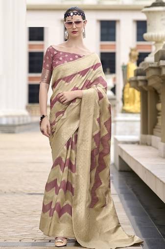 Onion pink & beige cotton linen silk golden weaving  office wear saree