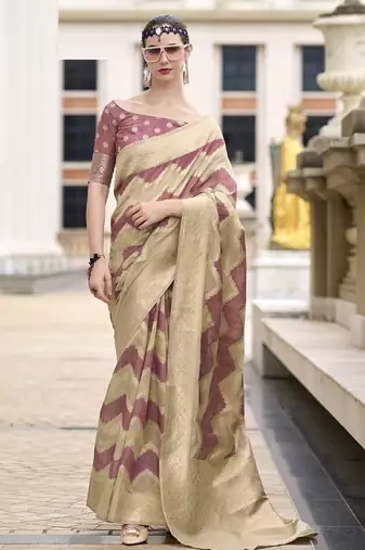 Onion pink & beige cotton linen silk golden weaving  office wear saree