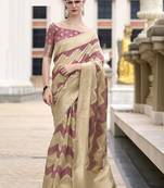 Onion pink & beige cotton linen silk golden weaving  office wear saree