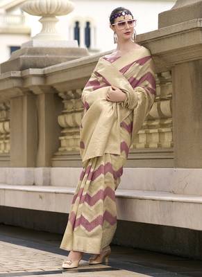 Onion pink & beige cotton linen silk golden weaving  office wear saree 2