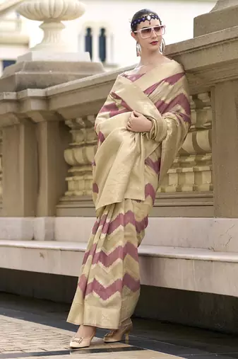 Onion pink & beige cotton linen silk golden weaving  office wear saree