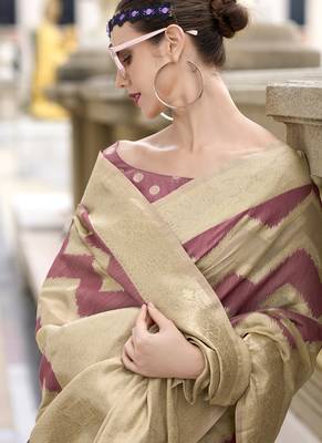 Onion pink & beige cotton linen silk golden weaving  office wear saree 3