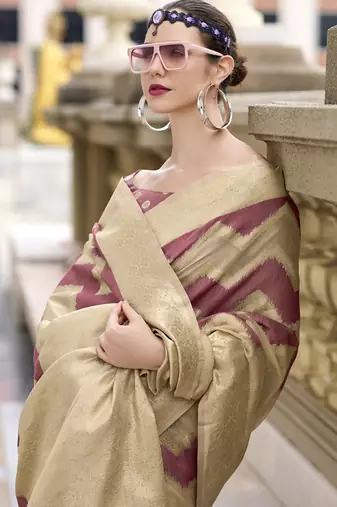 Onion pink & beige cotton linen silk golden weaving  office wear saree
