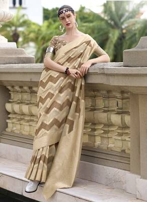 Coffee & beige cotton linen silk golden weaving office wear saree 1