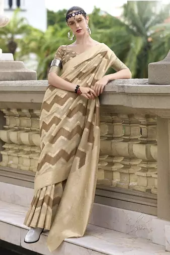 Coffee & beige cotton linen silk golden weaving office wear saree