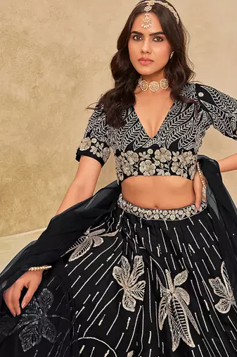 Black Embroidered Art Silk Reception Lehenga Choli
