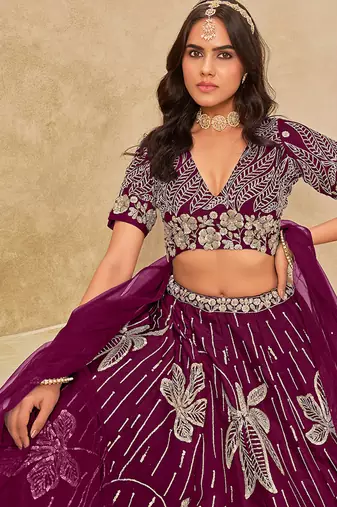 Wine Embroidered Art silk blend Reception Lehenga Choli