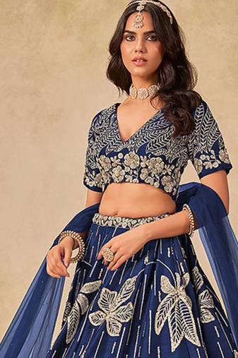 Navy Blue Embroidered Art Silk Reception Trendy Lehenga Choli