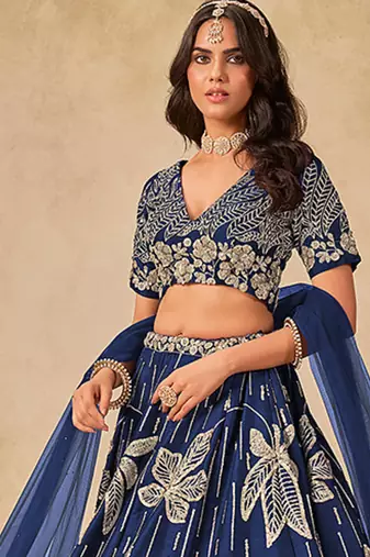Navy Blue Embroidered Art Silk Reception Trendy Lehenga Choli