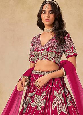 Hot Pink Embroidered Art silk blend Reception Lehenga Choli 2