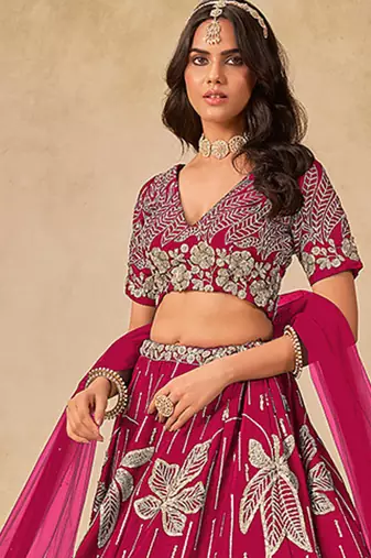 Hot Pink Embroidered Art Silk Reception Lehenga Choli