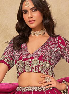Hot Pink Embroidered Art silk blend Reception Lehenga Choli 3