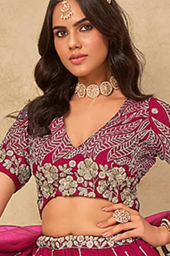 Hot Pink Embroidered Art Silk Reception Lehenga Choli