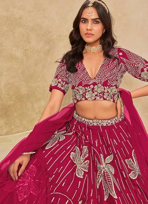 Hot Pink Embroidered Art silk blend Reception Lehenga Choli 1