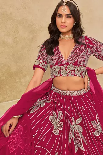 Hot Pink Embroidered Art Silk Reception Trendy Lehenga Choli