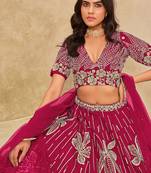 Hot Pink Embroidered Art Silk Reception Trendy Lehenga Choli