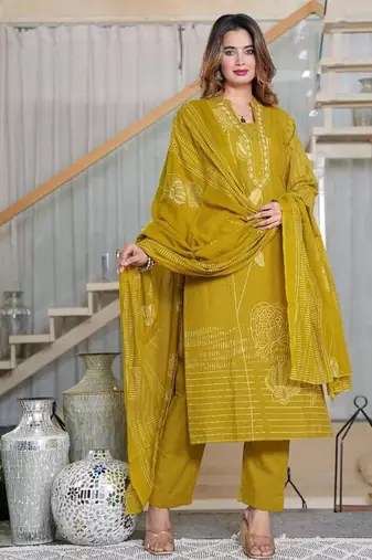 Cotton cambric printed  straight  kurti-pant-dupatta  set