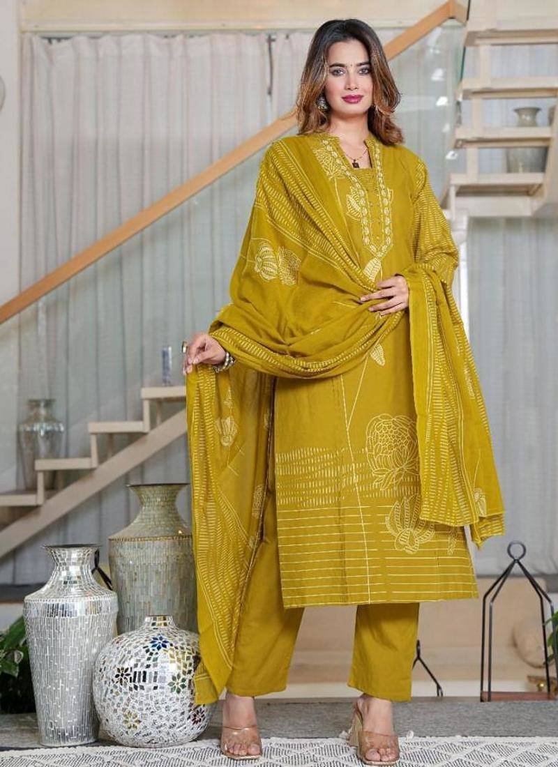 Cotton cambric printed  straight  kurti-pant-dupatta  set