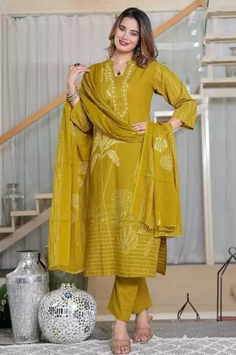 Cotton cambric printed  straight  kurti-pant-dupatta  set