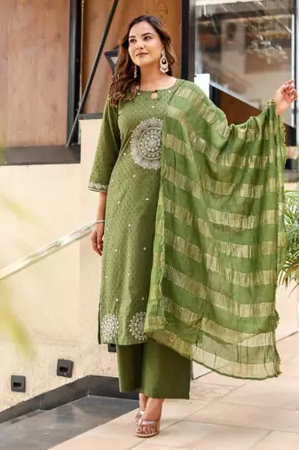 Dobby cotton printed  a-line  kurti-pant-dupatta  set
