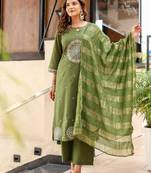 Dobby cotton printed  a-line  kurti-pant-dupatta  set