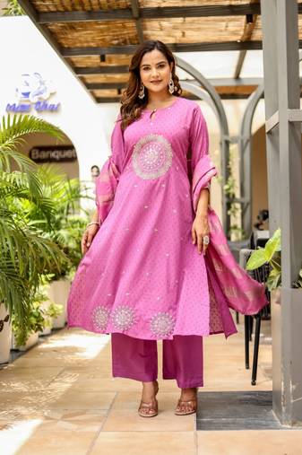 Dobby cotton printed  a-line  kurti-pant-dupatta  set