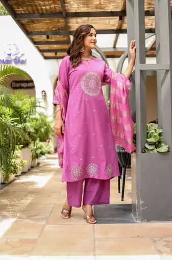 Dobby cotton printed  a-line  kurti-pant-dupatta  set