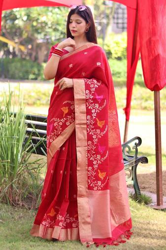 Red color pure linen silk jamdani type weaving border saree with blouse
