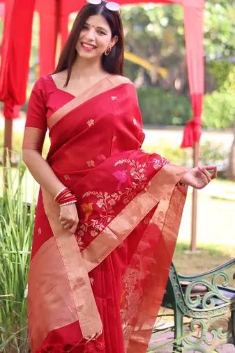 Red color pure linen silk blend jamdani type weaving border saree with blouse