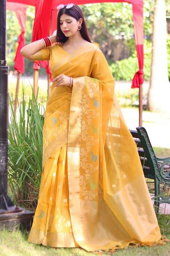 Yellow color pure linen silk jamdani type weaving border saree with blouse