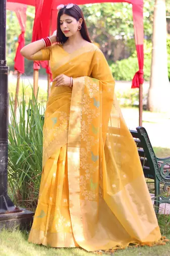 Yellow color pure linen silk jamdani type weaving border saree with blouse