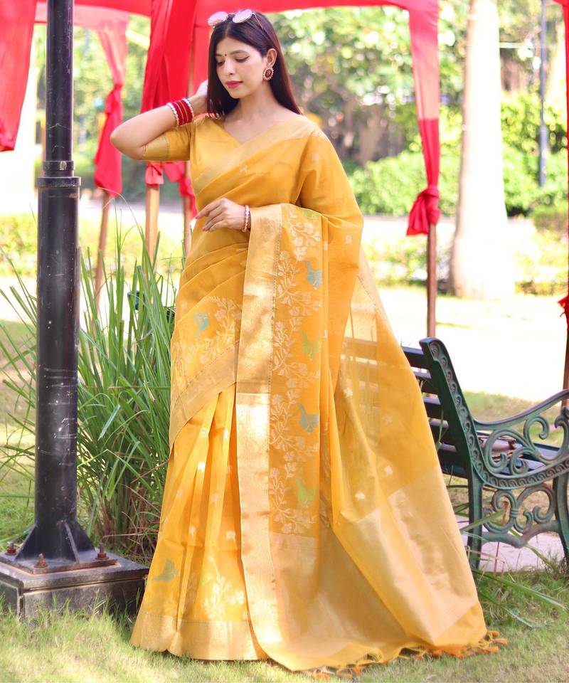 Yellow color pure linen silk jamdani type weaving border saree with blouse