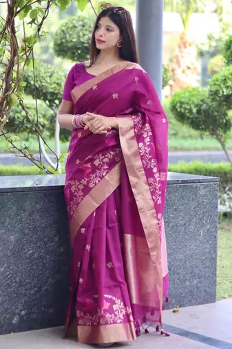Purple color pure linen silk jamdani type weaving border saree with blouse