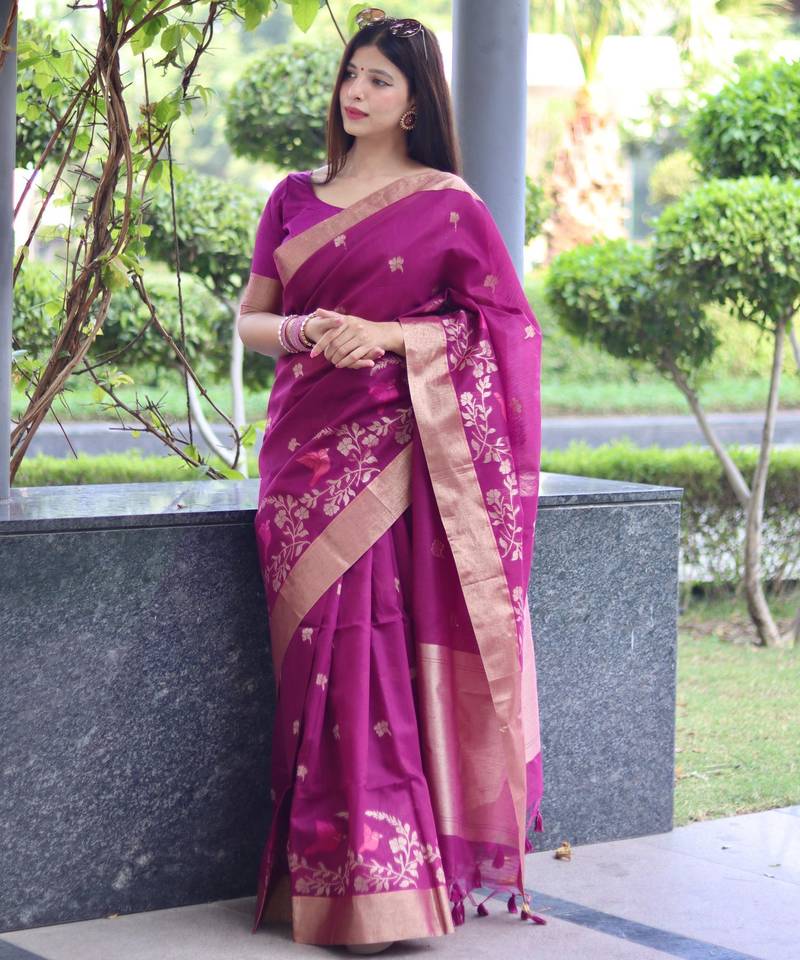 Purple color pure linen silk jamdani type weaving border saree with blouse
