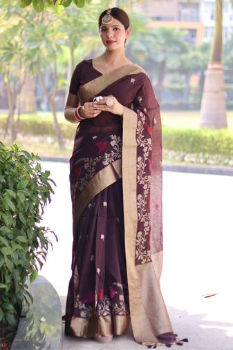 Brown color pure linen silk jamdani type weaving border saree with blouse