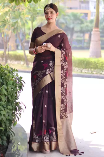 Brown color pure linen silk jamdani type weaving border saree with blouse