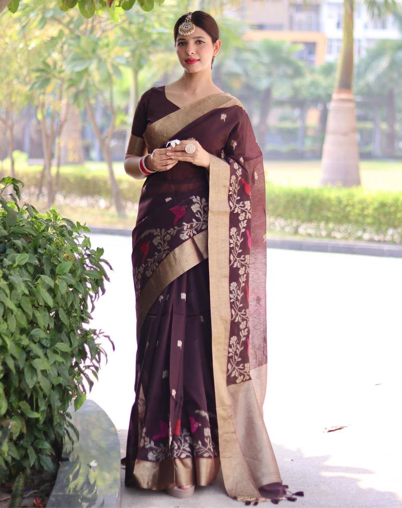 Brown color pure linen silk jamdani type weaving border saree with blouse