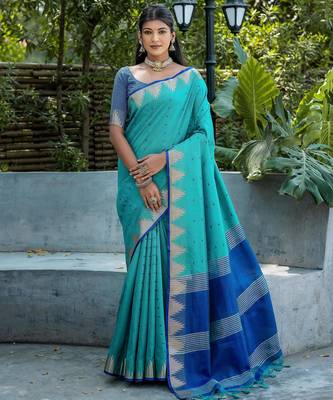 Rama color semi tussar silk blend saree with all over bandhani style butti weaves saree with blouse 1