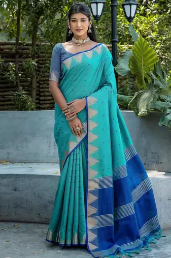 Rama color semi tussar silk saree with all over bandhani style butti weaves saree with blouse