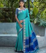 Rama color semi tussar silk saree with all over bandhani style butti weaves saree with blouse