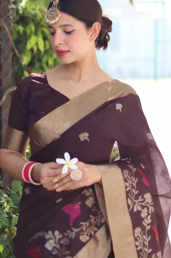 Brown color pure linen silk blend jamdani type weaving border saree with blouse