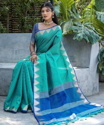 Rama color semi tussar silk blend saree with all over bandhani style butti weaves saree with blouse 2