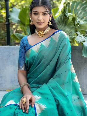 Rama color semi tussar silk blend saree with all over bandhani style butti weaves saree with blouse 3