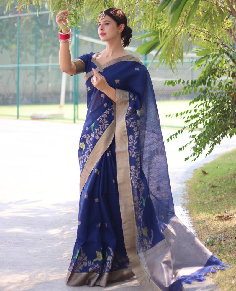 Blue color pure linen silk jamdani type weaving border saree with blouse